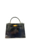 HERMES Kelly 28cm Black Shiny Porosus Leather Crocodile Gold Plated Hardware Vintage